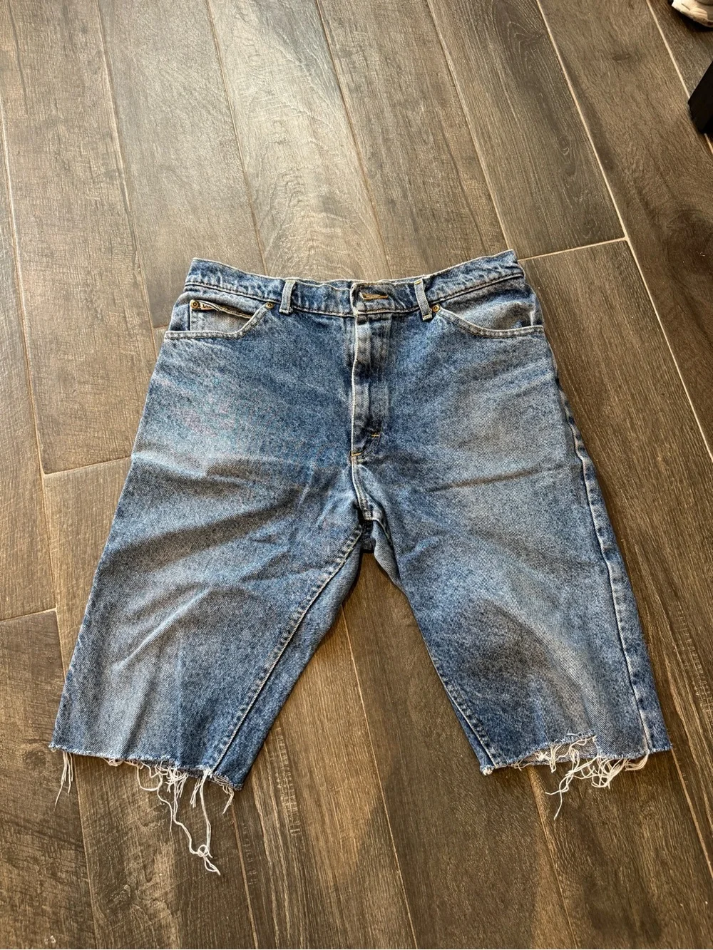 Long denim washed jean shorts